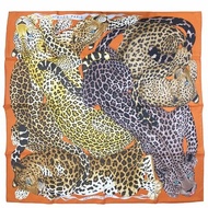 九成新 HERMES 橘色 絲質 豹 90x90 方形 絲巾 Hermès 愛馬仕