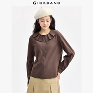 GIORDANO ผู้หญิง  เสื้อเชิ้ต 100% Cotton Flannel จีบคอตุ๊กตา เสื้อเชิ้ตแขนยาว เสื้อเชิ้ตแฟชั่นเรียบง