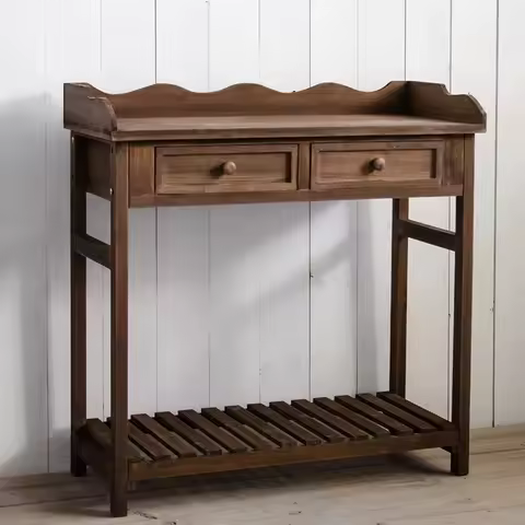 Vintage Console Table with 2 Drawers, Wood Slatted Shelf, Rustic Brown or White, 31.5W x 32.3H x 13.