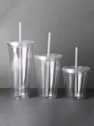 1入組 350ml 或 450ml 或 650ml 雙層透明塑膠吸管杯,保溫奶茶杯