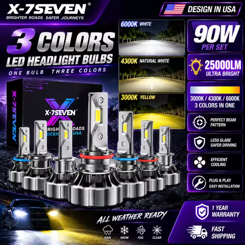 X-7SEVEN X-T1 Plus 90W 25000LM 3 Color LED Headlight Bulbs CANBUS 3000K 4300K 6500K H4 H7 9005 9006 
