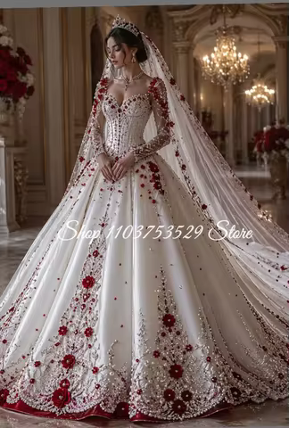 Customized Long-Sleeve Dreamy Glamorous Wedding Dress Vintage Victorian Bridal Gown Glamorous Gemsto