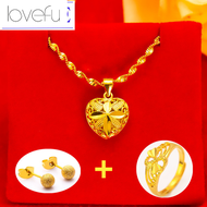 Pure 18k Pawnable Saudi Gold Lock Bone Ripples of Water Line Necklace for Women Style The Transport Bead Benevolence Peach Heart Chain and Pendant Send Earrings +Ring Free Gift
