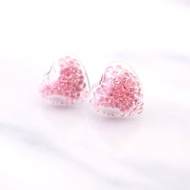 迷你心形玻璃球配粉紅水晶耳環