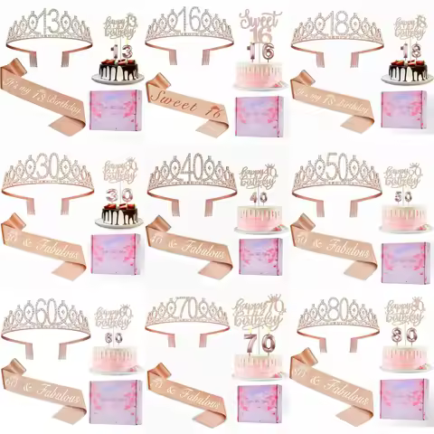 1set 13th 16th 18th 21th 30th 40th 50th 60th 70th 80th Birthday Crown Sash Girls Tiara Candles Cake 