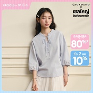 GIORDANO Women Blouses Flower Appliques Tie V-Neck Blouses 3/4 Sleeve Fashionable Casual Loose Blous