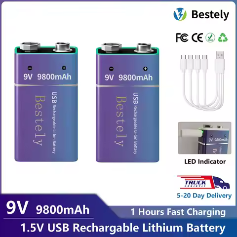 Multimeter/Microphone 6F22 9V Battery USB-C Charging Powerful Rechargeable Lithium 9800mAh Smoke Det