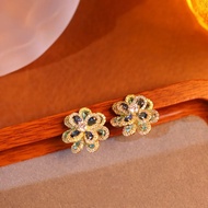 Luxurious Gold Plated Silver Needle Earrings Double Layer Zircon Colorful 3D Flower Elegant Fashion 