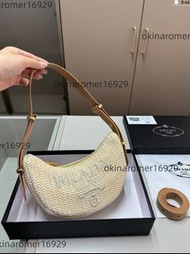 prada普拉達 Arque 拉菲草編織月牙包 Hobo 腋下包