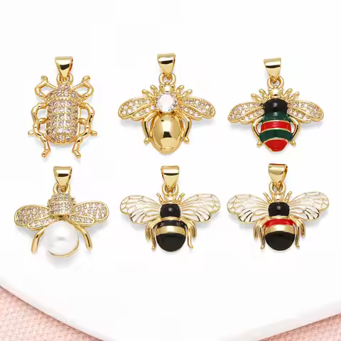 OCESRIO Black White Enamel Bee Pendant for Necklace Copper Gold Plated White Crystal Beetle Jewelry 