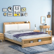 Solid Wood Storage Bed Frame PU Leather Headboard Storage Economy Style Queen Murah Katil Kayu