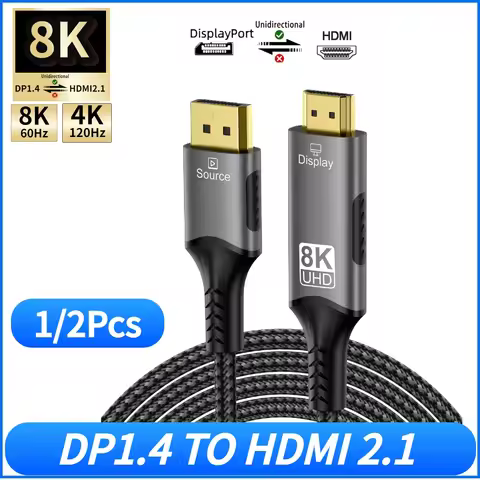1/2Pcs 8K@60Hz DisplayPort to HDMI 2.1 Adapter Cable [4K@120Hz 2K@240Hz] 32.4Gbps for NVIDIA AMD GPU