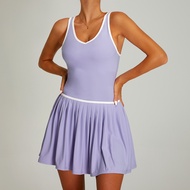 Jaga Linda ผู้หญิงใหม่สีตัดกันคอวีเดรสกีฬากับแผ่นหน้าอกแห้งเร็วการออกแบบจีบที่พันข้อศอกสำหรับเทนนิสท