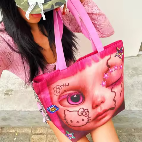 Y2K Aesthetic Kitty Large-Capacity Double-Sided Shoulder Tote Bag Baddie Handbag for Cosplay And Ani