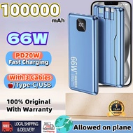 66W Power Bank 100000mAh PD Fast Charging Powerbank Built in Cables Portable Charger External Batter