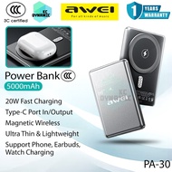 【3C Certified】Awei PA-30 5000mAh Powerbank 20W Fast Charging Power Bank Magnetic Wireless Bank Kuasa