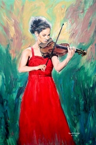 Lukisan cantik pemain Biola Wanita berbusana merah