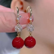 New Year Earrings, Red Pearl and Diamond Earrings, Elegant Long Earrings, Versatile Earrings