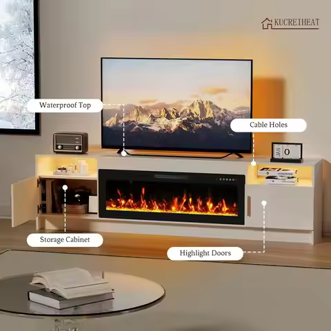 80'' TV Stand with Fireplace and Led Light-White Entertainment Center for 90 inch TV- TV Cabinet wit