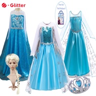 Disney Frozen Elsa Baby Dress For Kids Girl Mesh Sequined Princess Dresses with Cloak Wig Crown Nail Stickers Kid Clothes Children Birthday Gift Party Wear