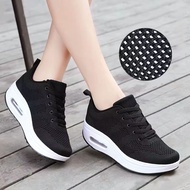 Fly Woven Black Rubber Shoes For Women Korean Hidden Wedge Jogging Shoes For Lady Slip-Non Running C