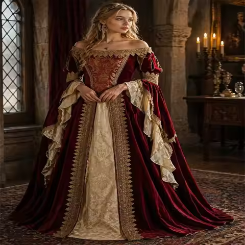 Renaissance Medieval Tudor Queen Evening Burgundy Velvet Viking Dress Vintage Duchess Royal Court No