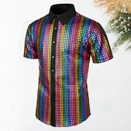 wanmaolian Men Performance Shirt Retro Men Shirt Men Club Shirt Vintage 70s Disco Costume with Shiny