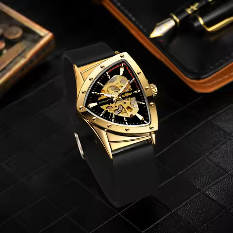 WINNER Fashion Triangle Skeleton Automatic Mechanical Watch for Men Gold Sports Mens Watches Top Bra