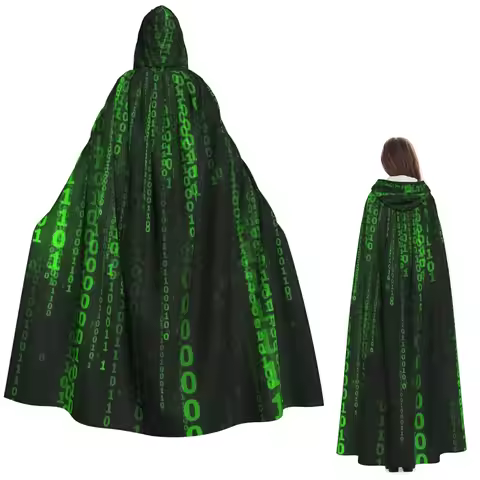 Green Matrix Binary Code Background Long Hooded Cloak Witch Medieval Costume Cosplay Cape HalloweenC
