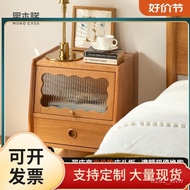 ‍🚢JZ05Xingmu Nuoshi Wooden Bedside Table Glass Small Cherrywood Retro Furniture Modern Minimalist Bedroom Storage Bed