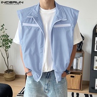 INCERUN เสื้อกั๊กลำลองสำหรับผู้ชาย,เสื้อกั๊กปกคอตั้งมีซิปอเนกประสงค์ (สไตล์เกาหลี)