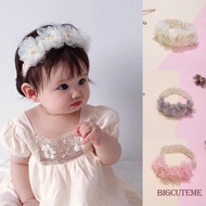 []-Infants Baby Girl Baptism Headbands Elastic Lace Chiffon Flower Headwear Hair Accessories