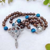 Catholic Rosary Sacred Heart of Jesus Rosary Brown Ebony Wood Blue Tiger Eye Crown of Thorns Crucifi