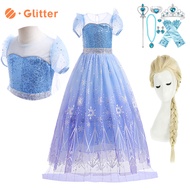 Frozen Elsa Dress for Kids Girl Blue Sequin Mesh Princess Dress Cloak Wig Crown Bag Halloween Cosplay Outfits Girl Birthday Party Role Play Suits