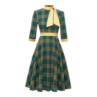 Women Vintage Plaid Dress With Pocket Rockabilly Cocktail Party 1950s 40s 50s Swing Dress Long Sleev