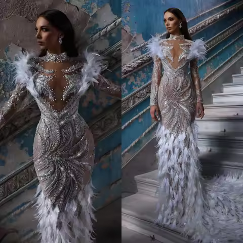 Exquisite Beading Pearls Wedding Dresses Feather High Neck Bridal Gowns See Through Mermaid Customiz
