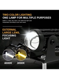 1入組白色+黃色的摩托車LED頭燈迷你開車燈通用雙顏色投影儀鏡片滑板车輔助聚光燈燈摩托車霧燈配件高和低