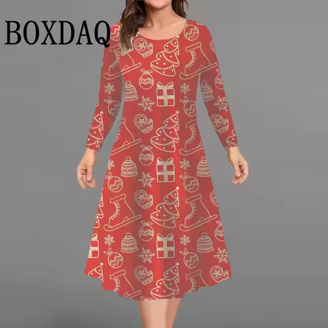 Women Long Sleeve A-Line Dress Winter Fashion Christmas Theme 3D Printed Dress Casual O-Neck Plus Si