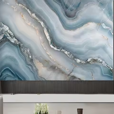 Custom Wall Murals & Wallpaper Designs - Modern Blue Abstract Marble Textured Surface 3D Geometric P
