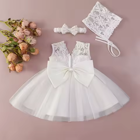 Baby Dresses with Hat White Lace Flower Christening Gown for Girl Sleeveless Cotton Newborn Items 0 