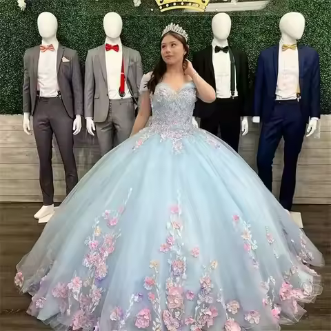 BOMARIS Light Blue Ball Gown Quinceanera Dresses Cinderella Vestidos De 15 Anos XV Vintage 3D Flower