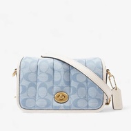 【COACH】旋釦織布斜背包-水藍