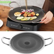 INSTORE Barbecue Plate, Portable Thickened Bottom Frying Plate, Round Durable Stainless Steel Nonstick BBQ Grill Pan Kitchen