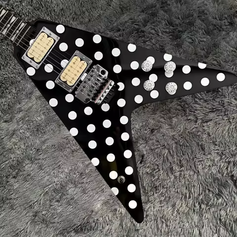 Custom electric guitars, Randy Rhoads, Flying V, black and white polka dot Rosewood Fretboard, Floyd