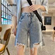 SJOL MALL Lovito Denim Shorts for Women LNA04174 (Light Blue) Celana Pendek Kasual Kancing Polos untuk Wanita