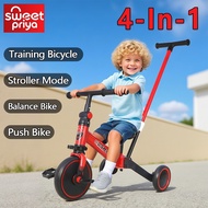 4 in 1mode Kids Tricycle Non-inflatable 3 Wheels Push Handle Baby Bicycle Premium Balance Scooter Mu
