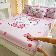ผ้าปูที่นอนลาย Hello Kitty Santio Melody Kuromi Cinnamoroll สีชมพู Fittedsheet ผ้าปูที่นอนลายการ์ตูนน่ารักผ้าปูที่นอนขนาดคิงไซส์