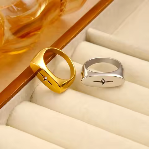 Fashion Star Signet Rings Gold Steel Color Stainless Steel Metal Rings Oval Shape Inlay Zircon Size 