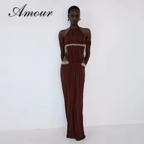 Amour Halter Floor-Length Evening Gown Dress Draped Beaded Chiffon Prom Gown Customized Prom Gown fo