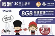 30日【歐洲】4G/3G 無限上網卡數據卡Sim咭 (首8GB+2GB高速數據)[最後啓動日期:31/12/2026]